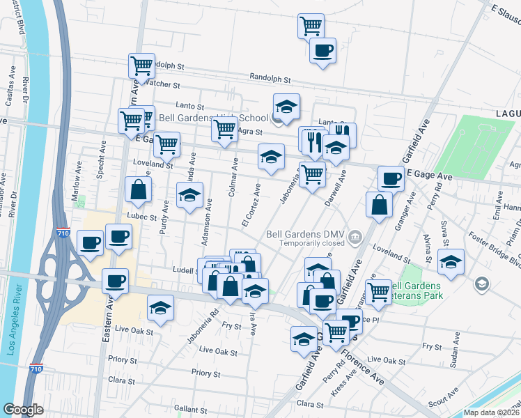 map of restaurants, bars, coffee shops, grocery stores, and more near 6555 Jaboneria Road in Bell Gardens