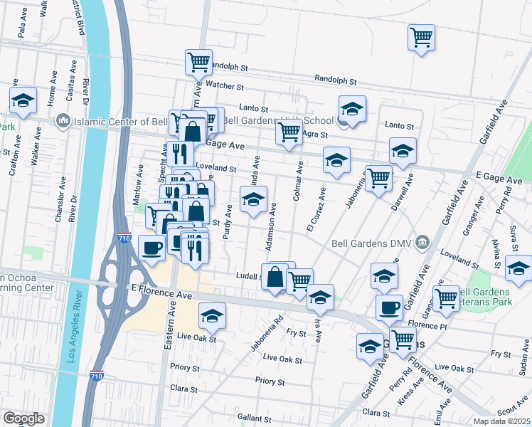 map of restaurants, bars, coffee shops, grocery stores, and more near 6612 El Selinda Avenue in Bell Gardens