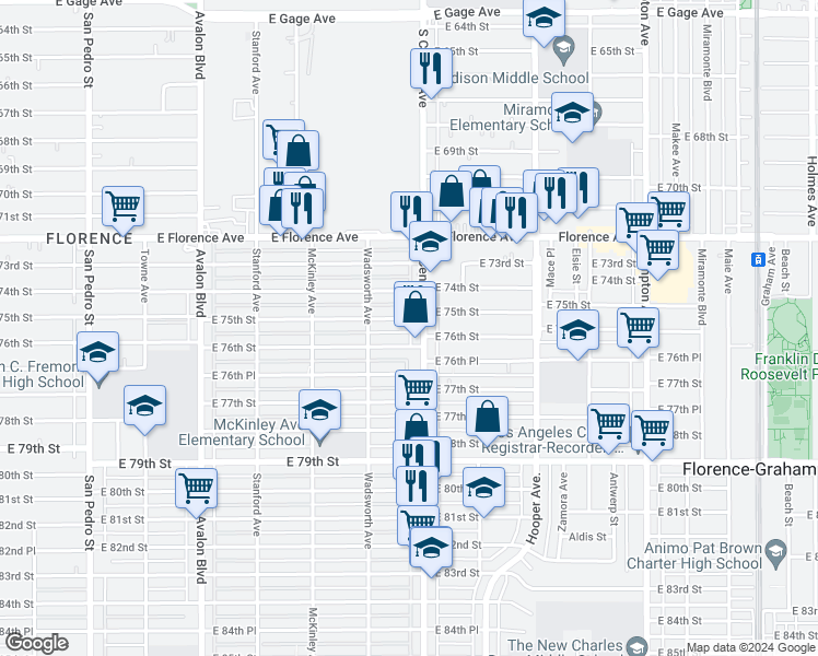 map of restaurants, bars, coffee shops, grocery stores, and more near 1018 1/2 East 75th Street in Los Angeles