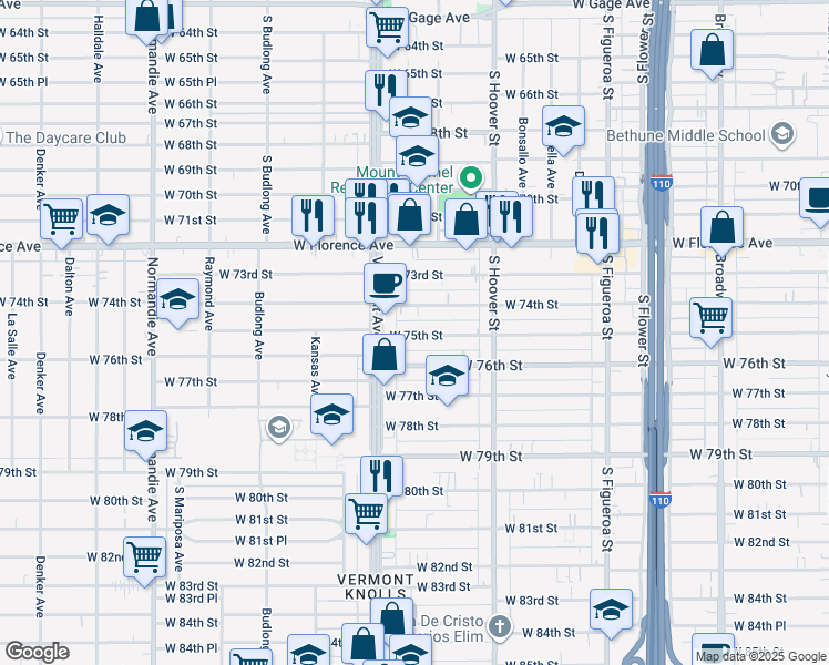 map of restaurants, bars, coffee shops, grocery stores, and more near 921 West 75th Street in Los Angeles