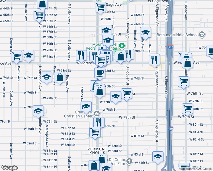 map of restaurants, bars, coffee shops, grocery stores, and more near 921 West 75th Street in Los Angeles