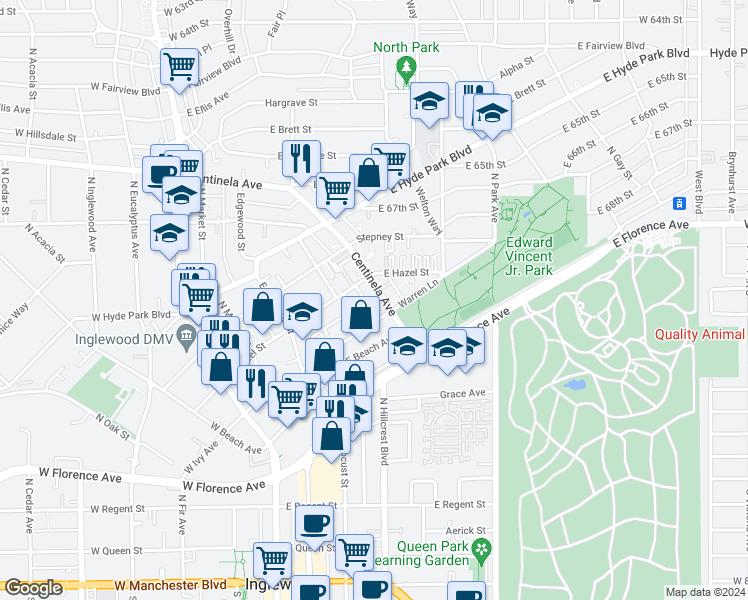 map of restaurants, bars, coffee shops, grocery stores, and more near 410 Centinela Avenue in Inglewood