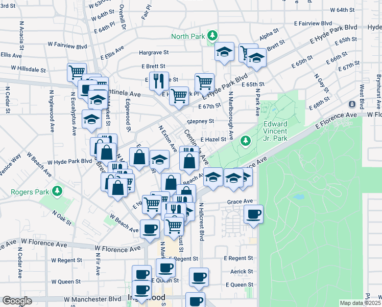 map of restaurants, bars, coffee shops, grocery stores, and more near 410 East Hazel Street in Inglewood