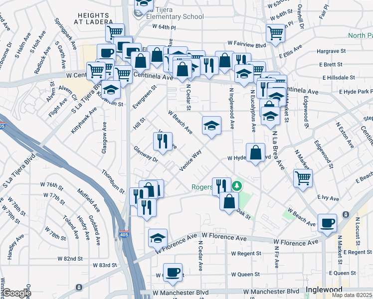 map of restaurants, bars, coffee shops, grocery stores, and more near 815 Victor Avenue in Inglewood
