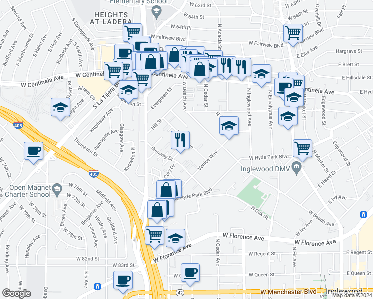 map of restaurants, bars, coffee shops, grocery stores, and more near 846 Victor Avenue in Inglewood