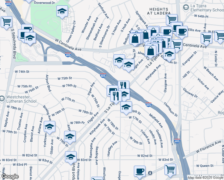 map of restaurants, bars, coffee shops, grocery stores, and more near 7361 Flight Avenue in Los Angeles