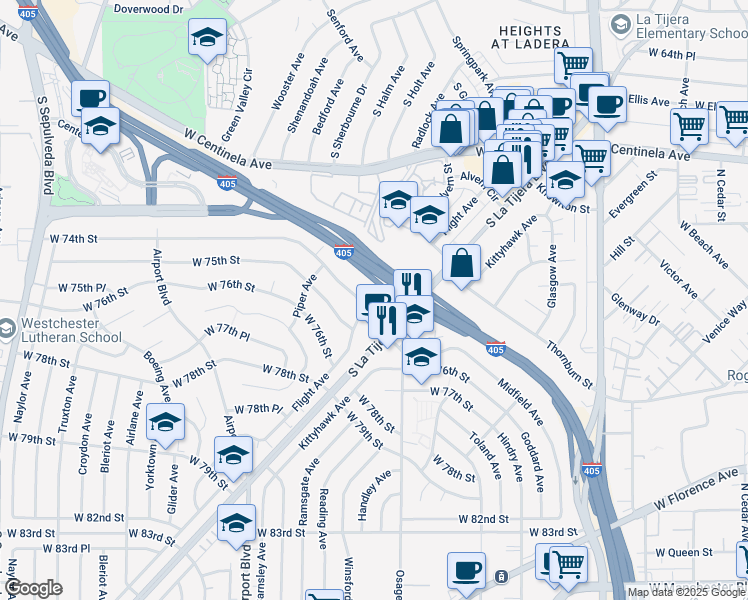 map of restaurants, bars, coffee shops, grocery stores, and more near 7361 Flight Avenue in Los Angeles