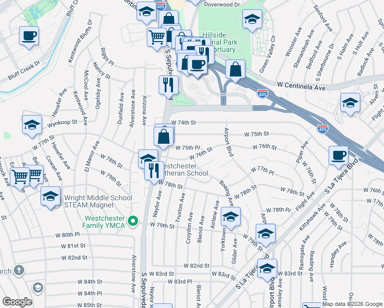 map of restaurants, bars, coffee shops, grocery stores, and more near 6074 West 75th Place in Los Angeles