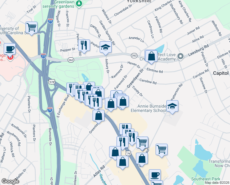 map of restaurants, bars, coffee shops, grocery stores, and more near 909 Greenlawn Drive in Columbia