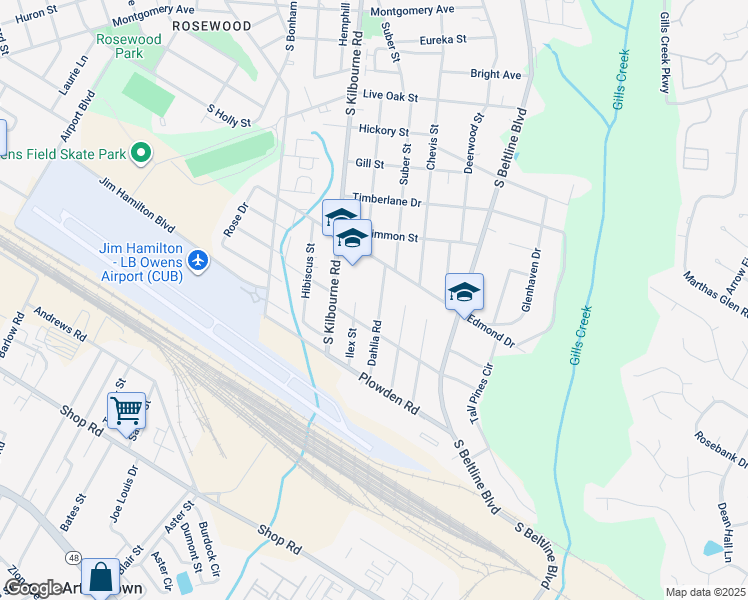 map of restaurants, bars, coffee shops, grocery stores, and more near 1430 Dahlia Road in Columbia
