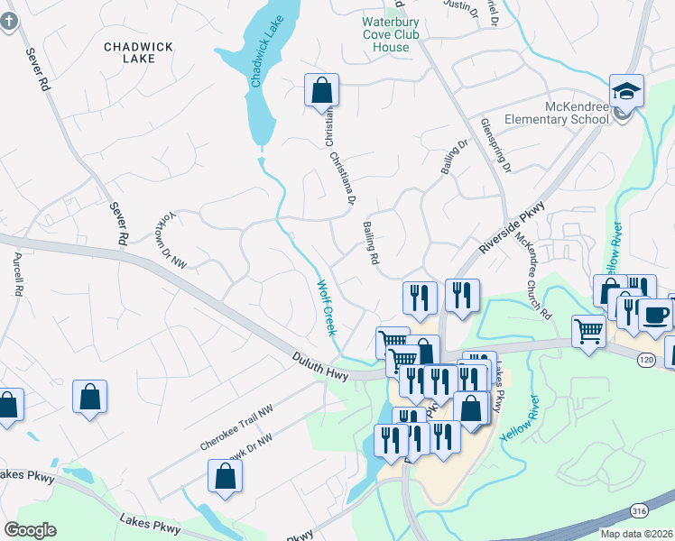 map of restaurants, bars, coffee shops, grocery stores, and more near 900 Colony Creek Drive in Lawrenceville