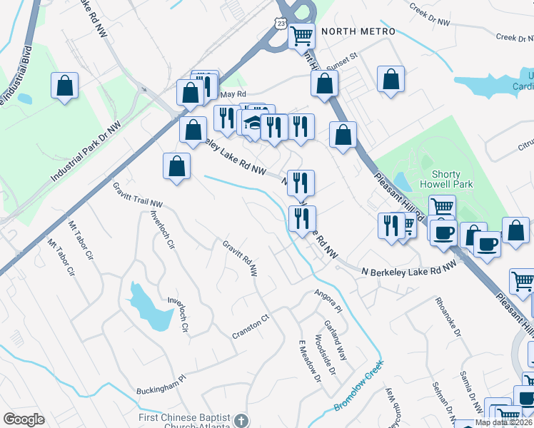 map of restaurants, bars, coffee shops, grocery stores, and more near 3972 Howell Park Road in Duluth