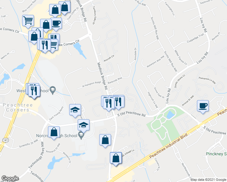 map of restaurants, bars, coffee shops, grocery stores, and more near 3522 Pecos Lane in Norcross