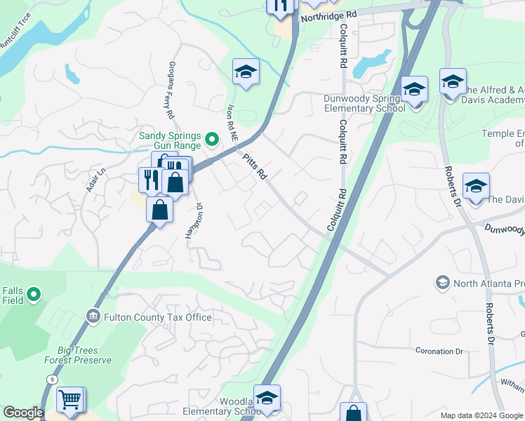 map of restaurants, bars, coffee shops, grocery stores, and more near 925 Telfair Close in Sandy Springs