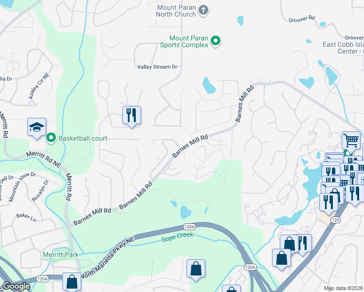 map of restaurants, bars, coffee shops, grocery stores, and more near 1515 Cedar Bluff Trail in Marietta