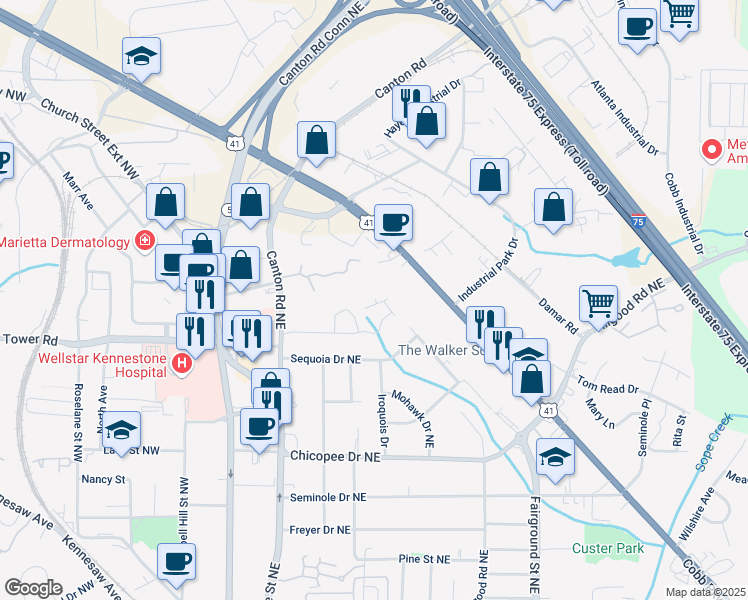 map of restaurants, bars, coffee shops, grocery stores, and more near 351 Gaines Street in Marietta