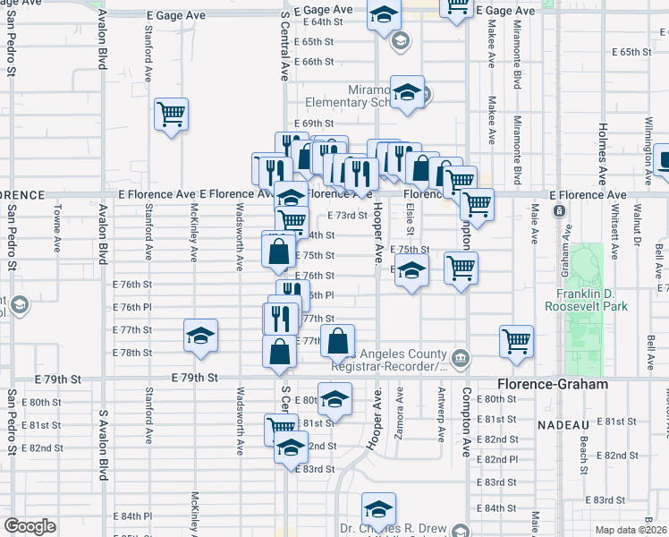 map of restaurants, bars, coffee shops, grocery stores, and more near 1210 East 75th Street in Los Angeles