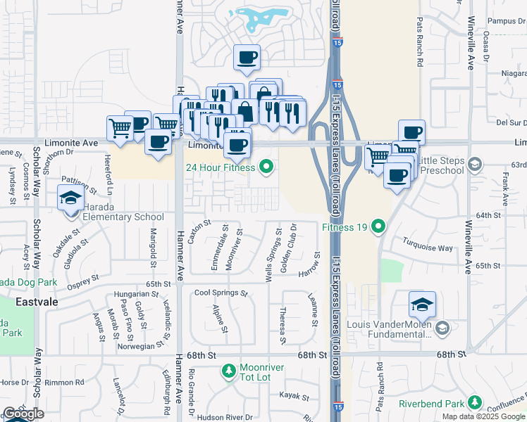map of restaurants, bars, coffee shops, grocery stores, and more near 6398 Pegasus Court in Eastvale