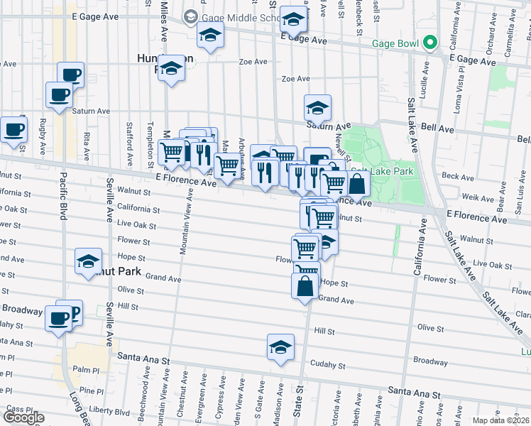 map of restaurants, bars, coffee shops, grocery stores, and more near 3060 Walnut Street in Huntington Park