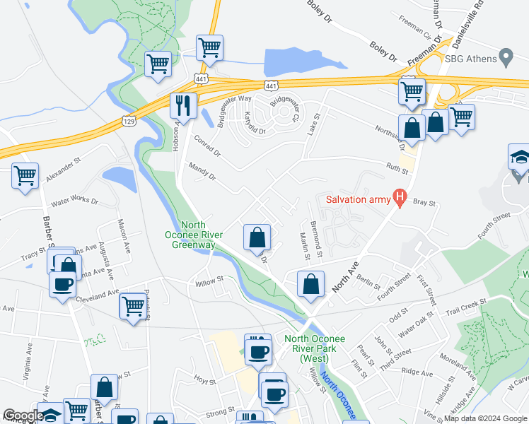 map of restaurants, bars, coffee shops, grocery stores, and more near 118 Magnolia Bluff Drive in Athens