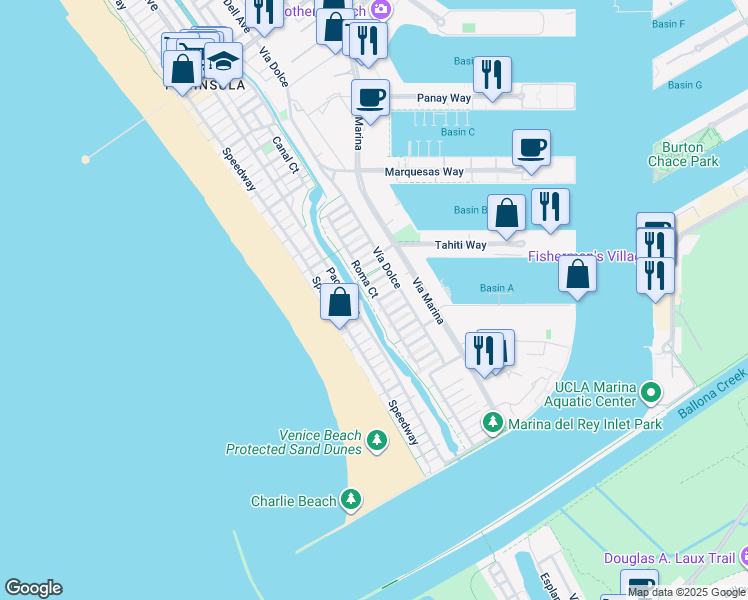 map of restaurants, bars, coffee shops, grocery stores, and more near 4611 Roma Court in Marina del Rey