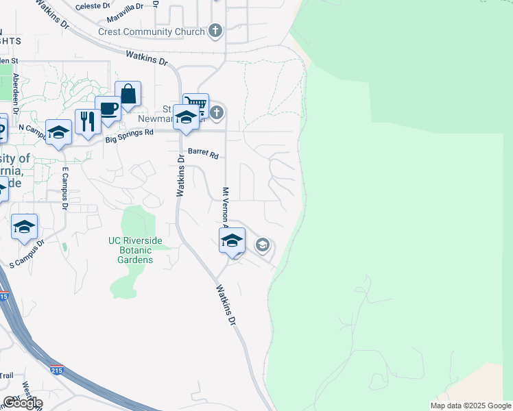 map of restaurants, bars, coffee shops, grocery stores, and more near 170 East Broadbent Drive in Riverside