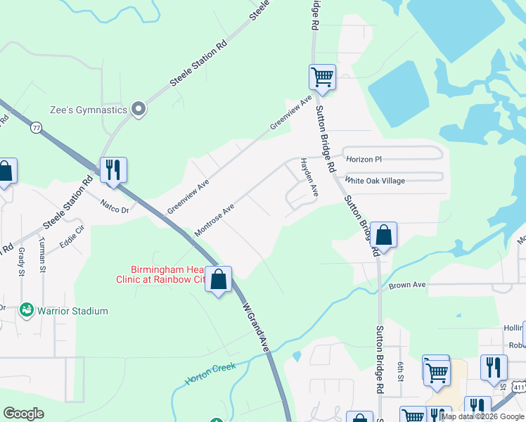 map of restaurants, bars, coffee shops, grocery stores, and more near 535 Josh Street in Rainbow City