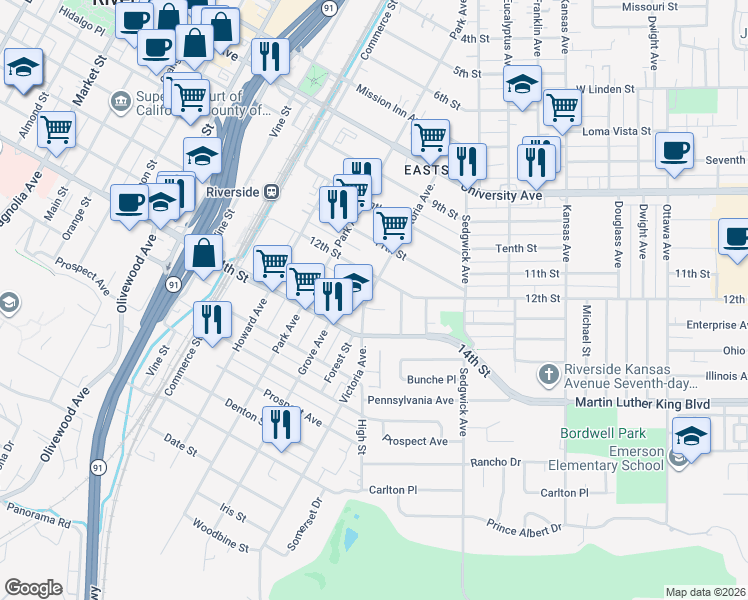 map of restaurants, bars, coffee shops, grocery stores, and more near 2727 13th Street in Riverside
