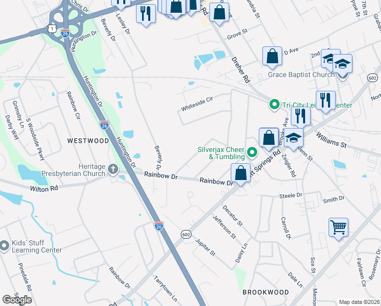 map of restaurants, bars, coffee shops, grocery stores, and more near 421 White Avenue in West Columbia
