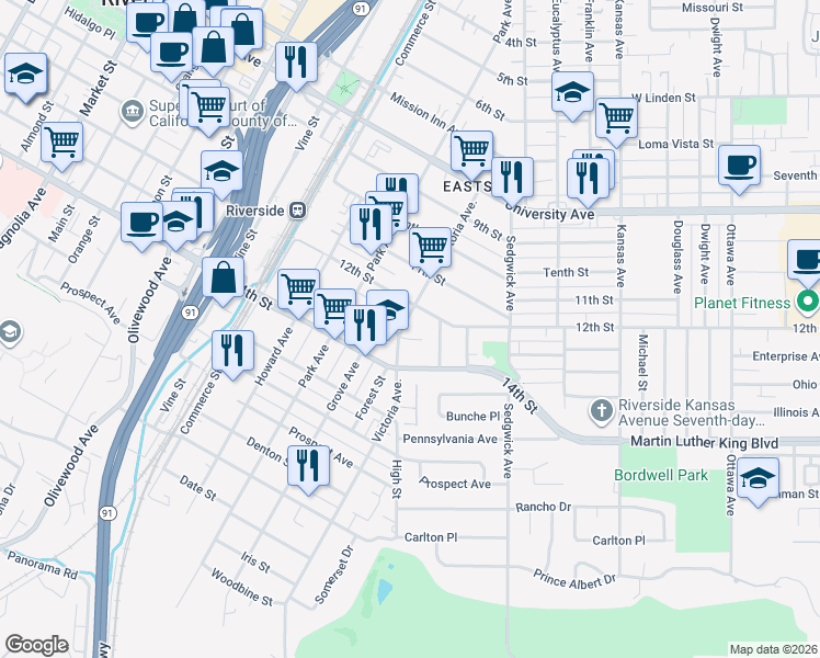map of restaurants, bars, coffee shops, grocery stores, and more near 4264 Victoria Avenue in Riverside