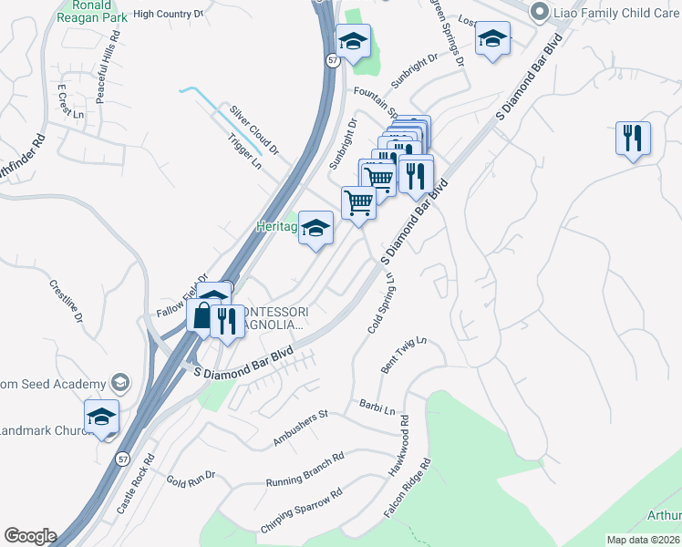 map of restaurants, bars, coffee shops, grocery stores, and more near 2962 Crooked Creek Drive in Diamond Bar