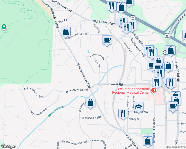 map of restaurants, bars, coffee shops, grocery stores, and more near 1056 James Street Northwest in Marietta