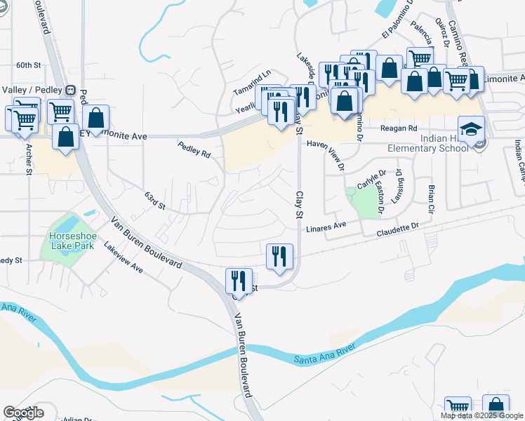 map of restaurants, bars, coffee shops, grocery stores, and more near 8294 Arbolita St in Jurupa Valley