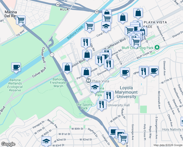 map of restaurants, bars, coffee shops, grocery stores, and more near 13080 Pacific Promenade in Los Angeles