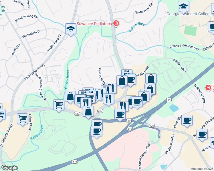 map of restaurants, bars, coffee shops, grocery stores, and more near 955 Fairfax Place Northwest in Lawrenceville