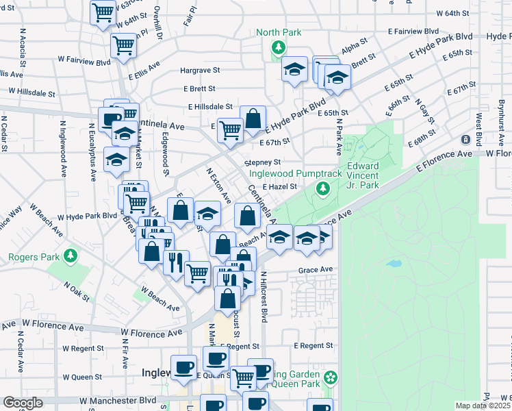 map of restaurants, bars, coffee shops, grocery stores, and more near 417 Centinela Avenue in Inglewood