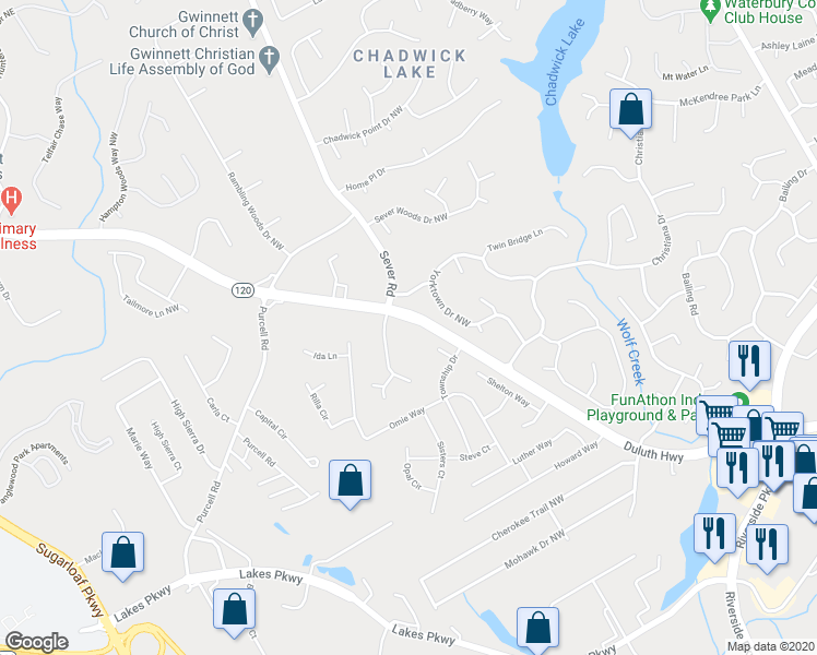 map of restaurants, bars, coffee shops, grocery stores, and more near 1374 Georgia 120 in Lawrenceville