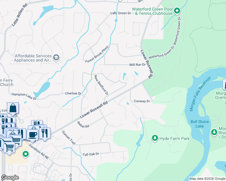 map of restaurants, bars, coffee shops, grocery stores, and more near 909 Forest Pond Dr in Marietta