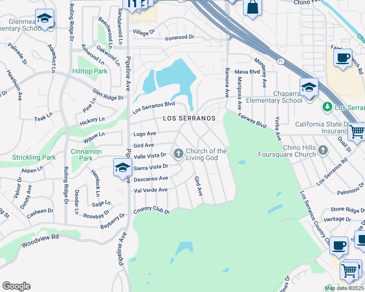 map of restaurants, bars, coffee shops, grocery stores, and more near 4306 Gird Avenue in Chino Hills