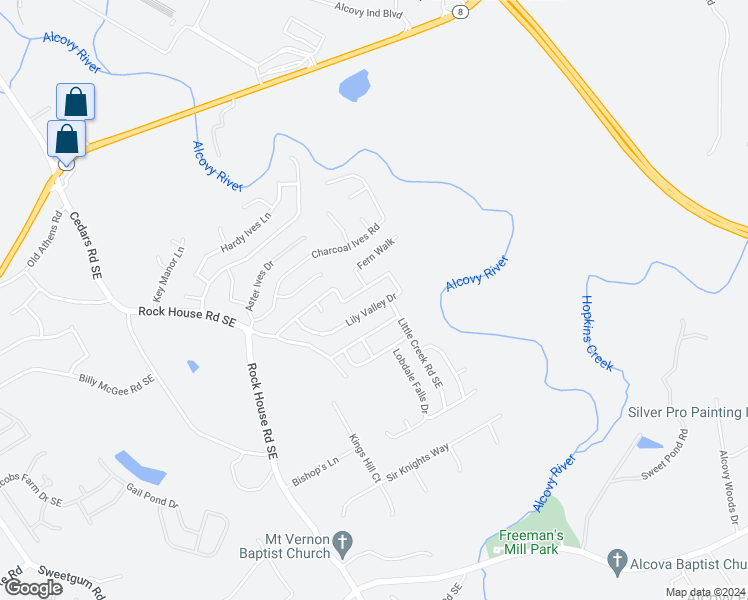 map of restaurants, bars, coffee shops, grocery stores, and more near 2061 Lily Valley Drive in Lawrenceville