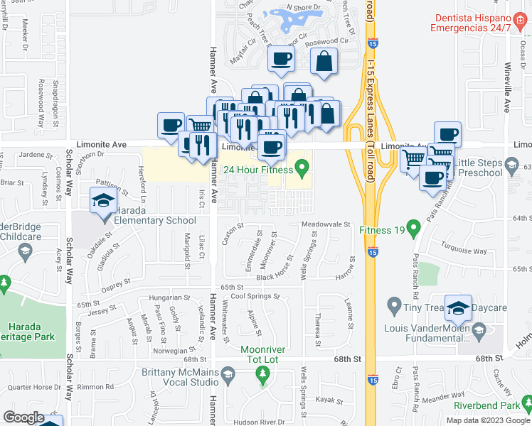 map of restaurants, bars, coffee shops, grocery stores, and more near 6396 Marbella Lane in Eastvale