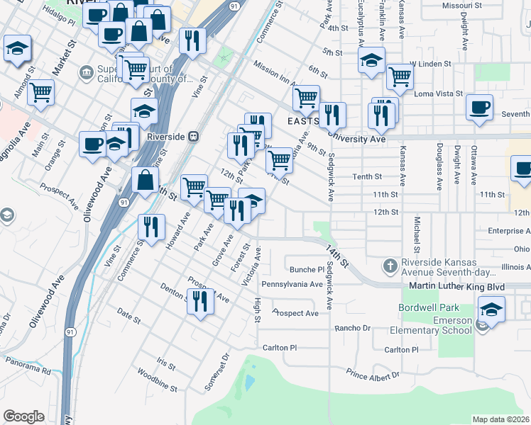 map of restaurants, bars, coffee shops, grocery stores, and more near 4264 Victoria Avenue in Riverside