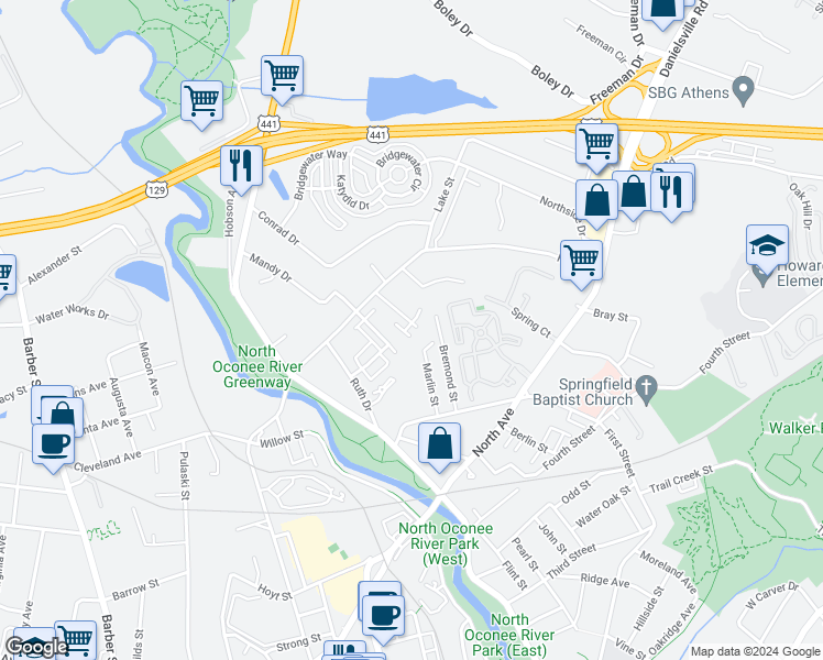 map of restaurants, bars, coffee shops, grocery stores, and more near 298 Jonas Avenue in Athens