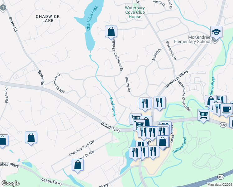 map of restaurants, bars, coffee shops, grocery stores, and more near 900 Colony Creek Drive in Lawrenceville