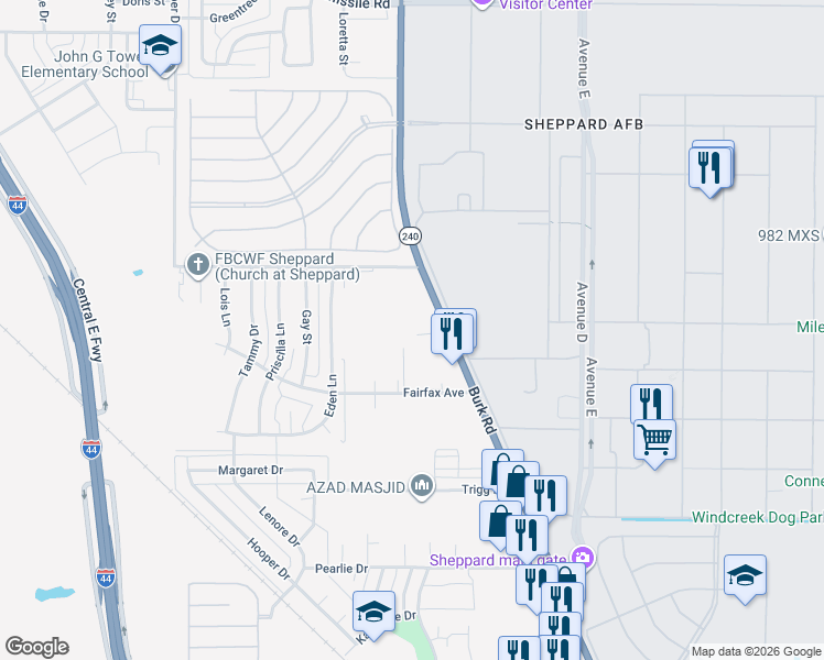 map of restaurants, bars, coffee shops, grocery stores, and more near 4404 Burkburnett Road in Wichita Falls