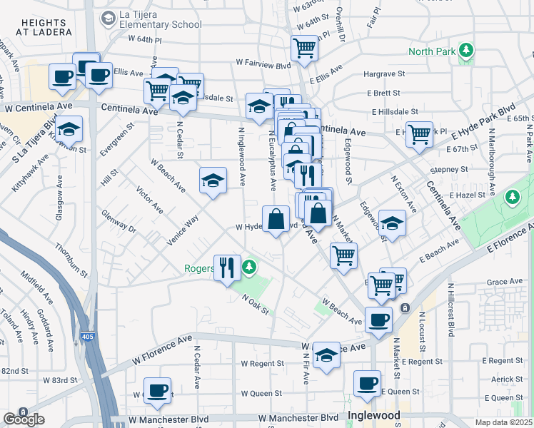 map of restaurants, bars, coffee shops, grocery stores, and more near 719 North Eucalyptus Avenue in Inglewood
