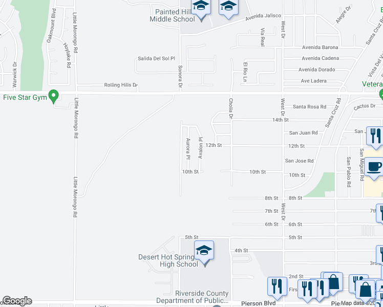 map of restaurants, bars, coffee shops, grocery stores, and more near 10564 Aurora Place in Desert Hot Springs