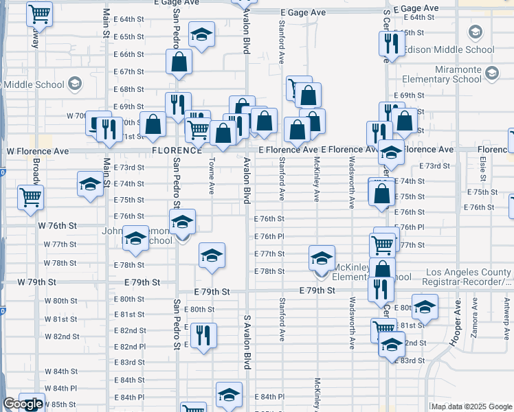map of restaurants, bars, coffee shops, grocery stores, and more near 614 East 75th Street in Los Angeles