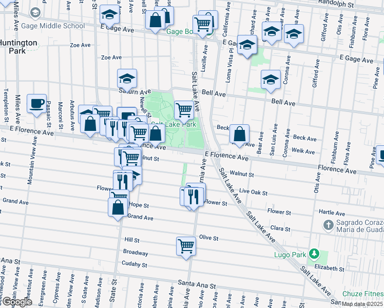 map of restaurants, bars, coffee shops, grocery stores, and more near 3454 East Florence Avenue in Huntington Park