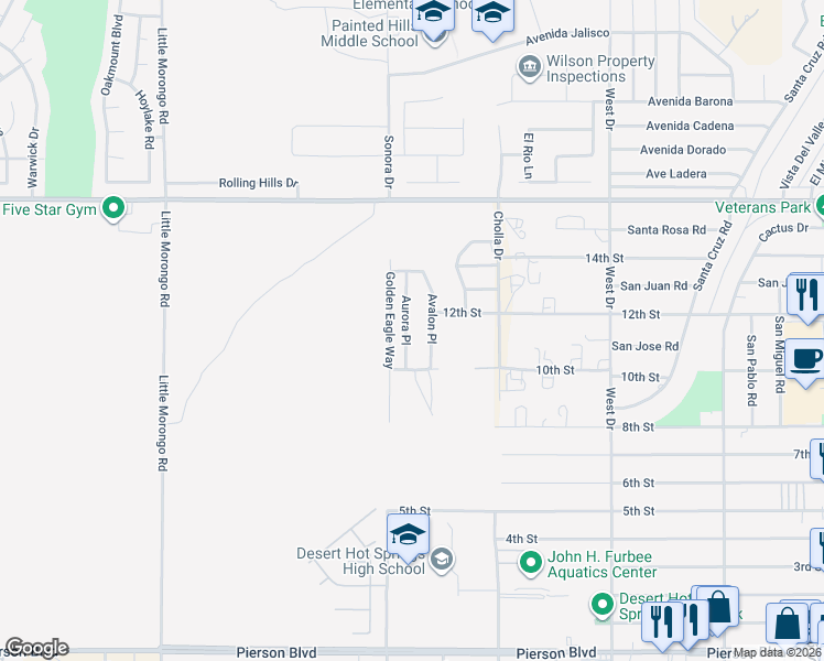 map of restaurants, bars, coffee shops, grocery stores, and more near 10564 Aurora Place in Desert Hot Springs